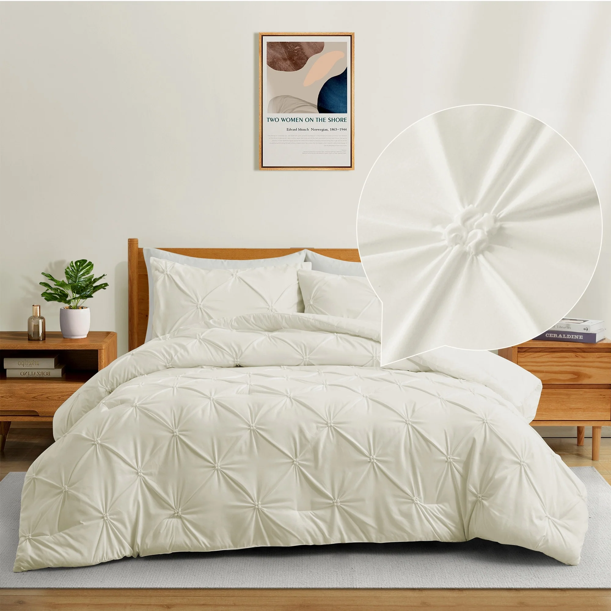 3 Piece Pintuck Pinch Pleat Comforter Set, Bedding Set for All Season, Cream