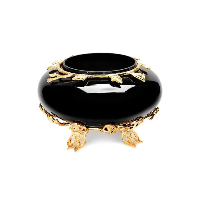 10" Black Glass Bowl with Gold Detail