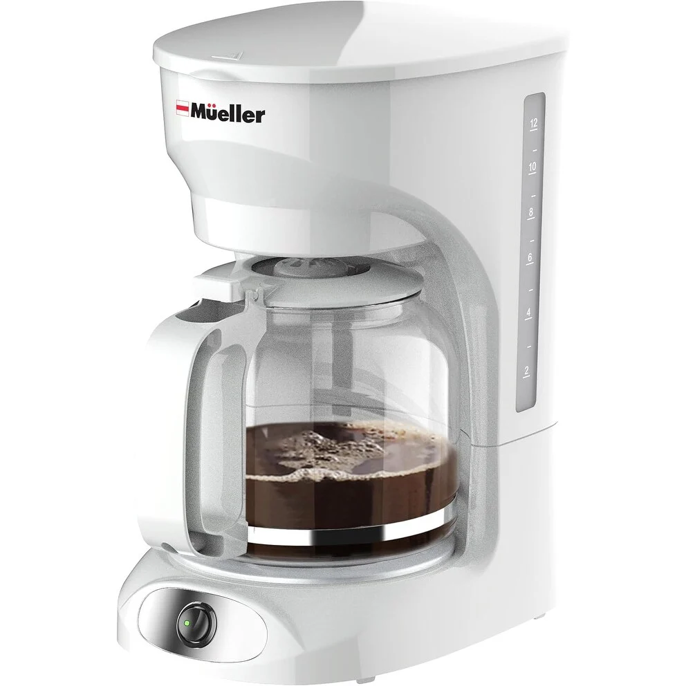 12-Cup White Coffee Maker with Borosilicate Carafe, Auto-Off, Reusable Filter, Clear Water Window