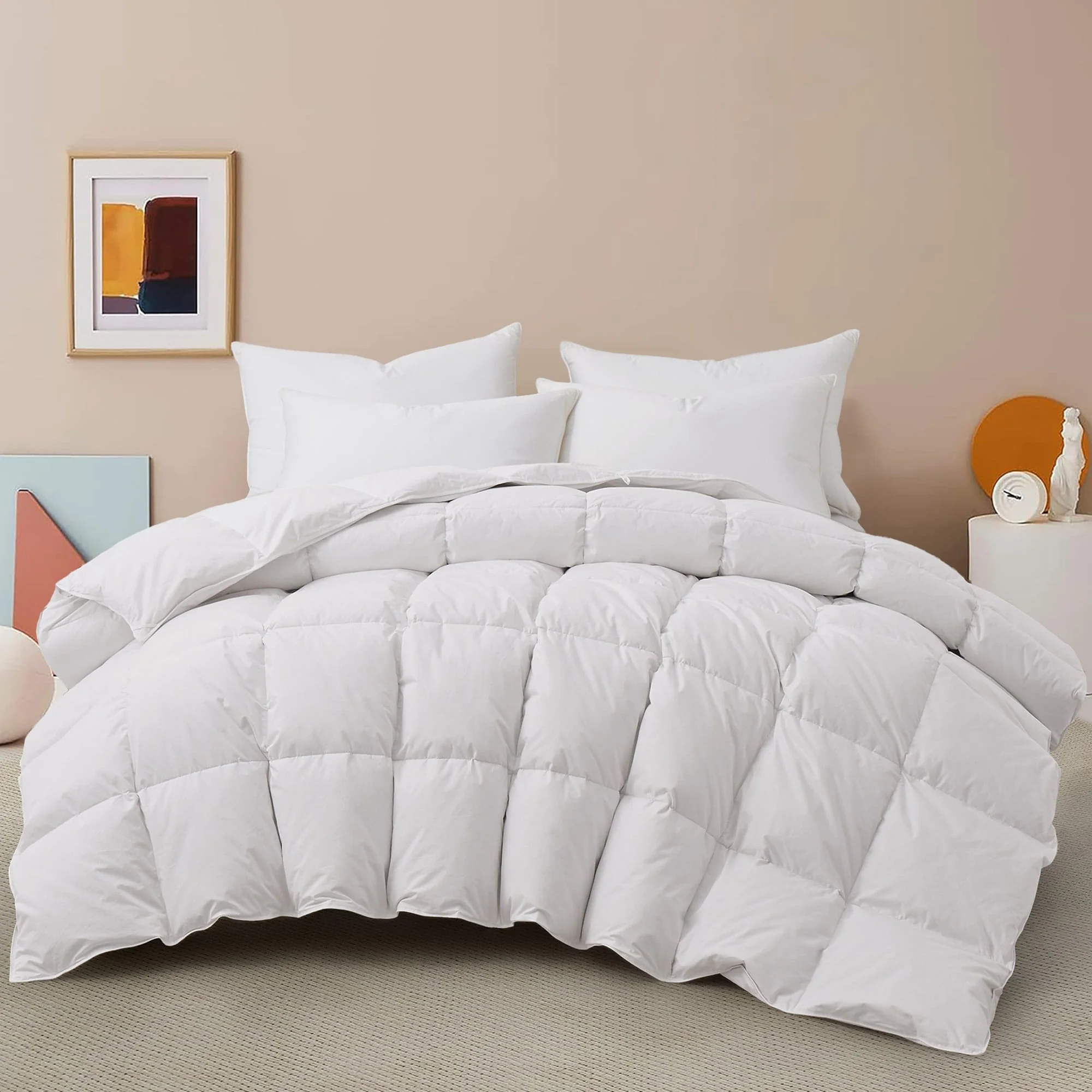 All Season 100% Cotton Goose Feather Down Comforter, Quilted Fluffy Duvet Insert