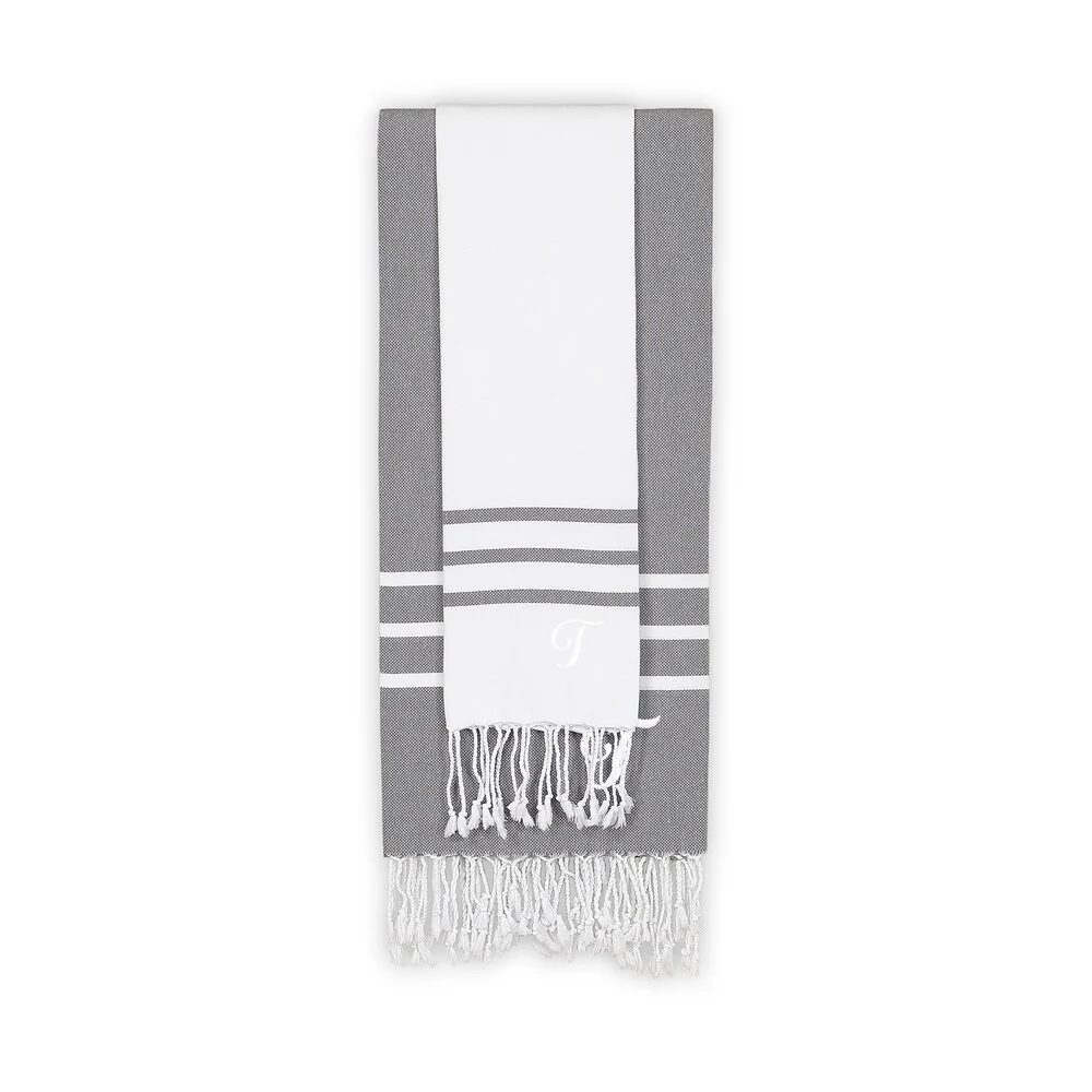 Authentic Ella White and Grey Monogrammed Pestemal Fouta Turkish Cotton Beach and Head Towel Set