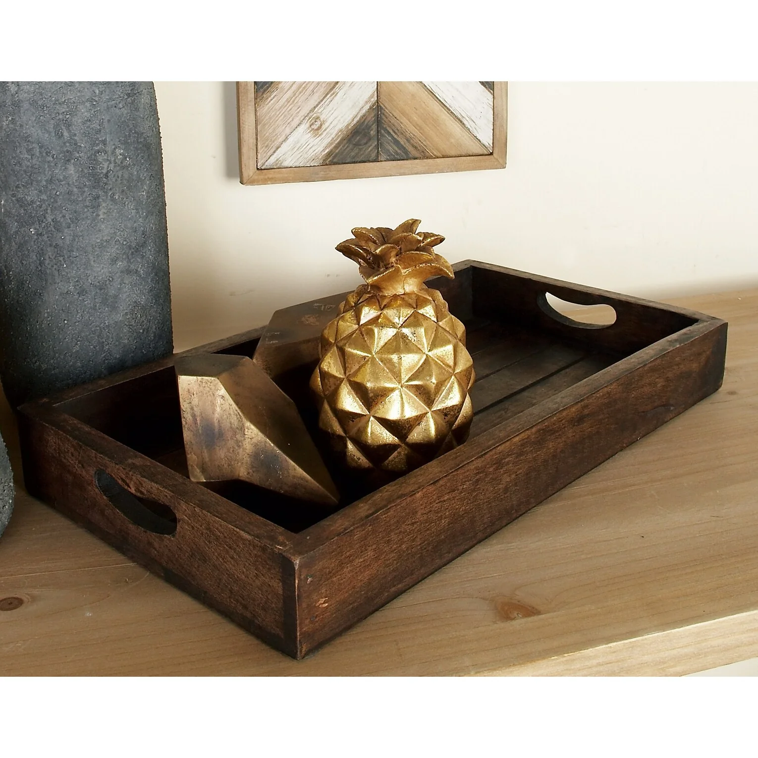 Brown Wood Traditional Tray (Set of 3)