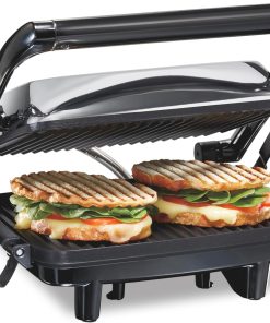Hamilton Beach Panini Press Sandwich Maker & Electric Indoor Grill with Locking Lid, Opens 180 Degrees for any Thickness for Quesadillas, Burgers & More, Nonstick 8" x 10" Grids, Chrome (25460AG)