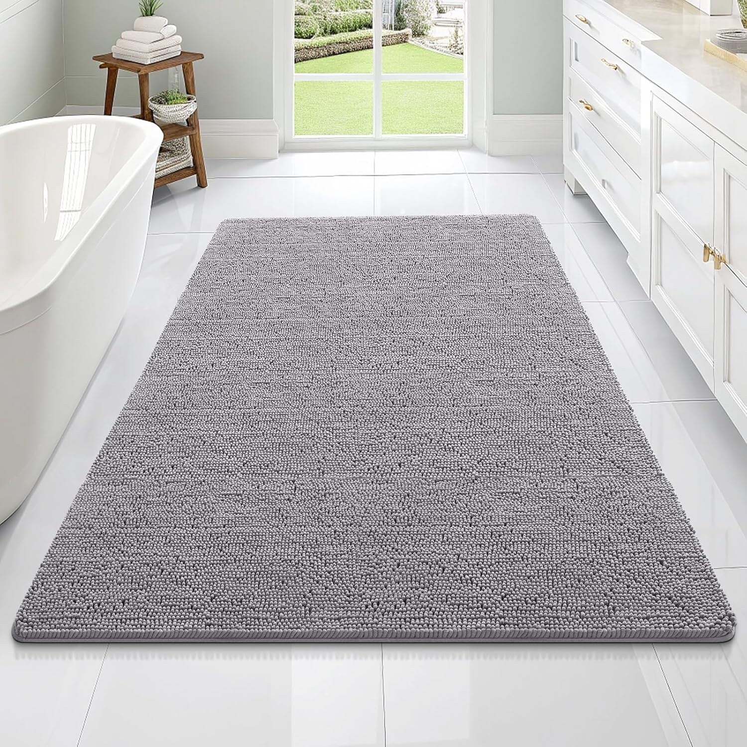 70x46 Grey Chenille Bath Rug - Extra Soft Absorbent, Rubber Backing Quick Dry, Machine Washable for Tub Shower (119 chars)