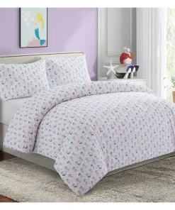 Kids Girls Printed 600 Thread Count Soft Cotton Blend Percale Duvet Cover Set with Corner Tie and Zipper, Cartoon Mermaid