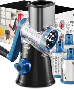 Geedel Rotary Cheese Grater, Kitchen Mandoline Vegetable Slicer with 3 Interchangeable Blades, Easy to Clean Grater for Fruit, Vegetables, Nuts