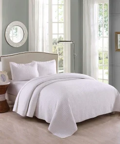 3 Pcs White Cotton Quilt Set Lightweight Bedspread Set Check