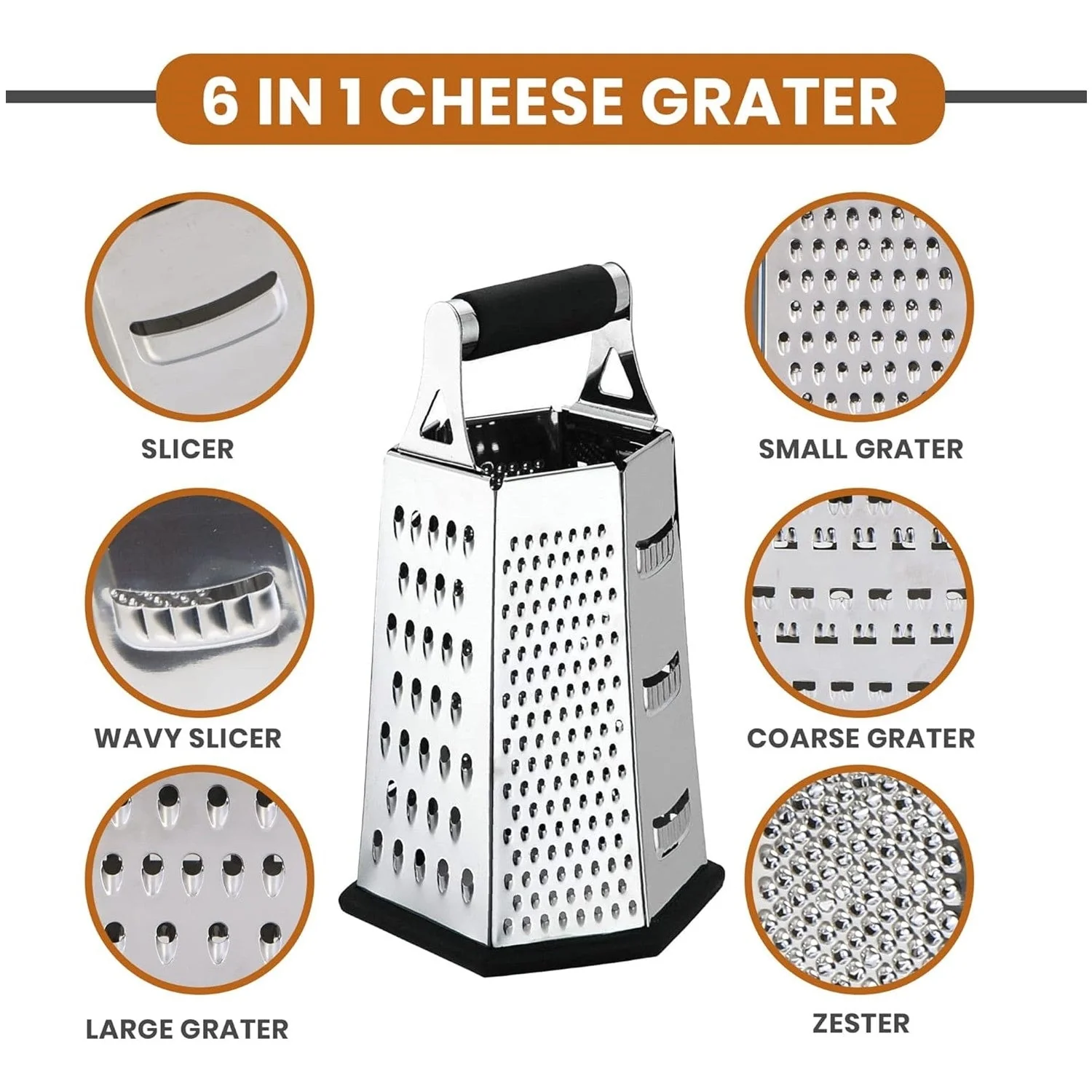 6 Sided Kitchen Cheese Grater & Shredder with Sharp Blades - Stainless Steel - Non Slippery rubber bottom