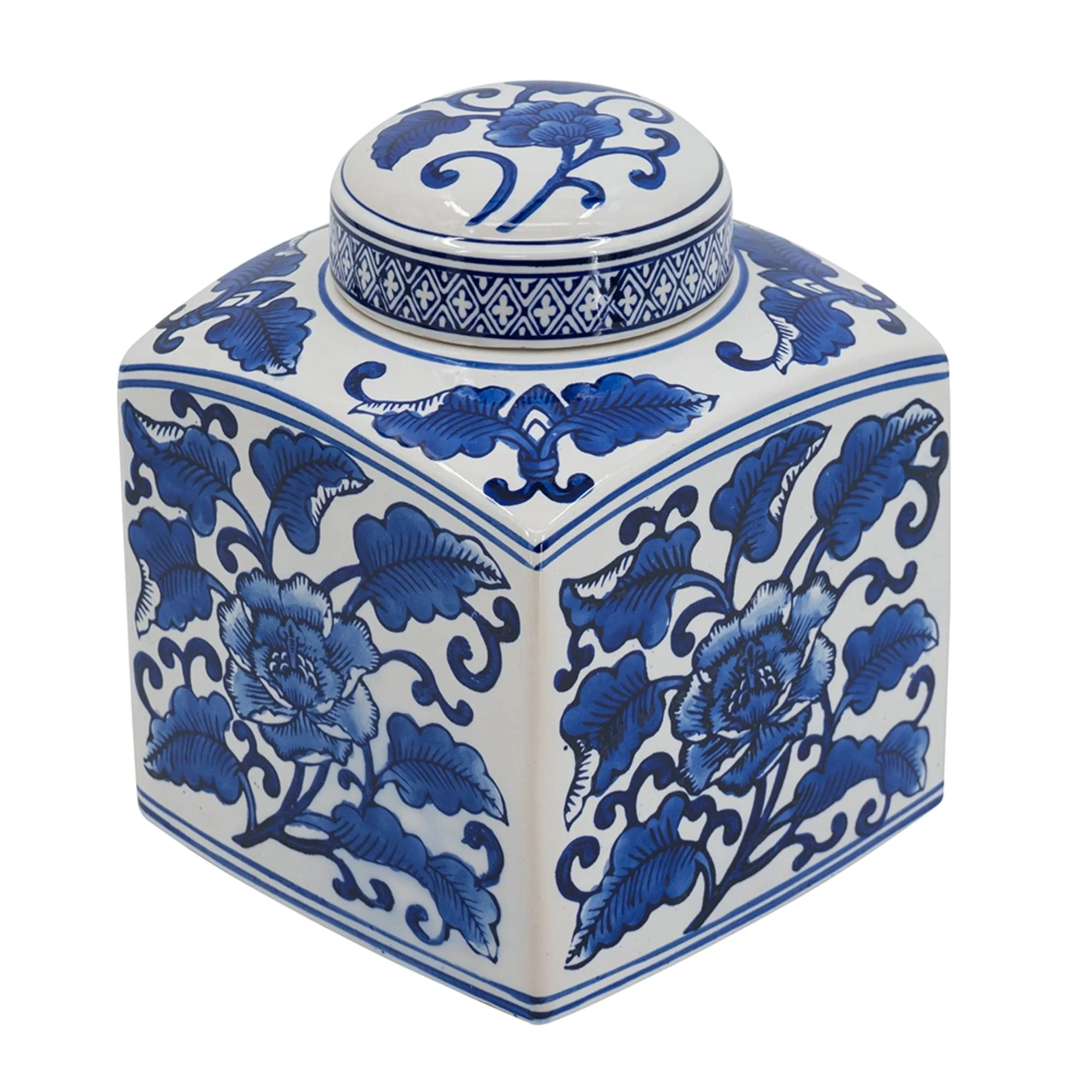 Floral Square Ceramic Canister Decoration - 8" - Blue and White