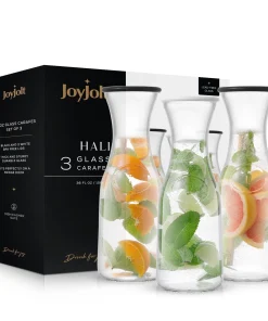 Hali Glass Carafe Bottle Pitcher with 6 Lids - 35 oz - Set of 3 - 3.5" x 3.5" x 10.87"