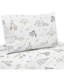 Jungle Safari Animals Twin Sheet Set Taupe Black and White Gender Neutral Elephant Giraffe Wildlife Adventure Zebra Serengeti