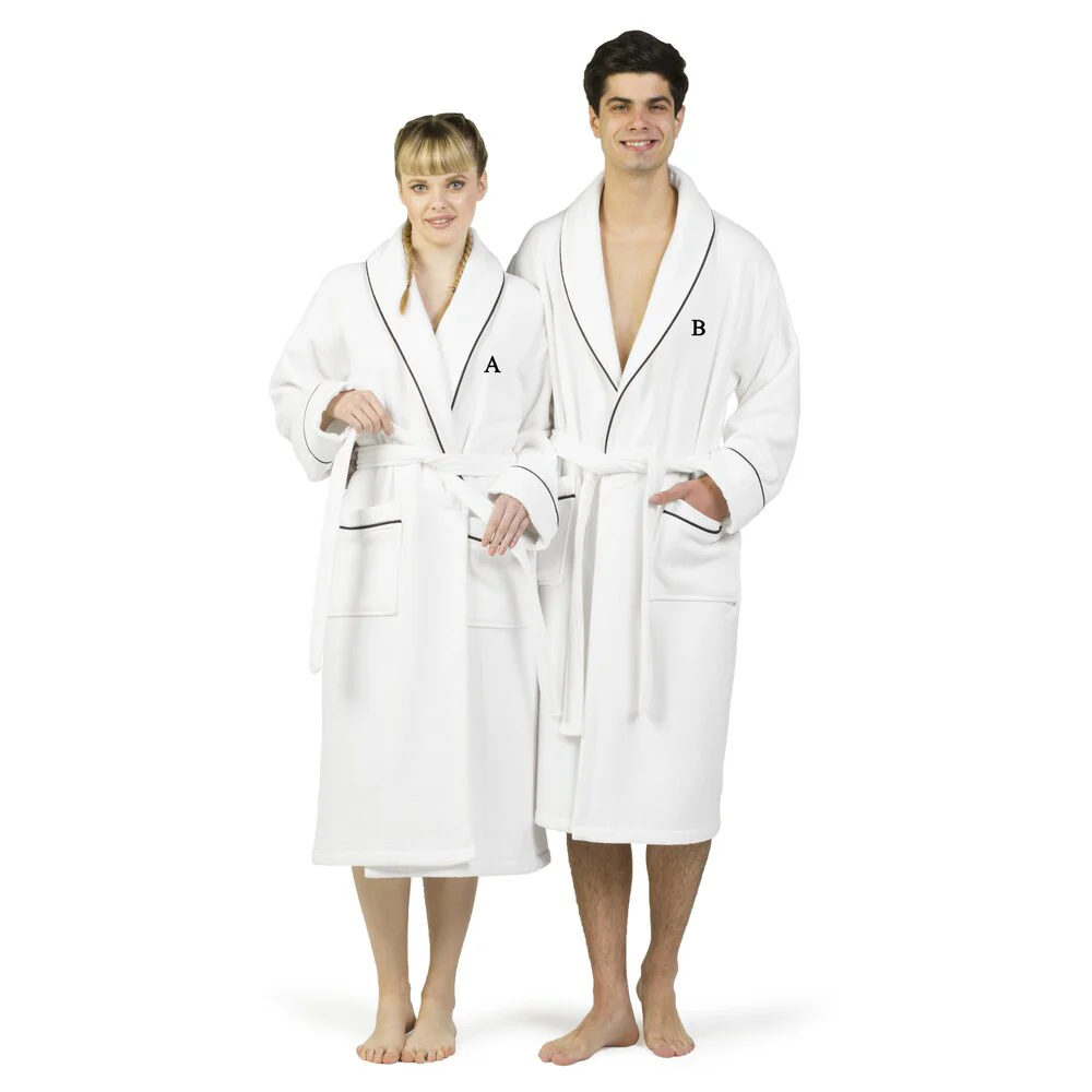 Authentic Hotel and Spa White Unisex Turkish Cotton Waffle Weave Terry Bath Robe with Black Block Monogram