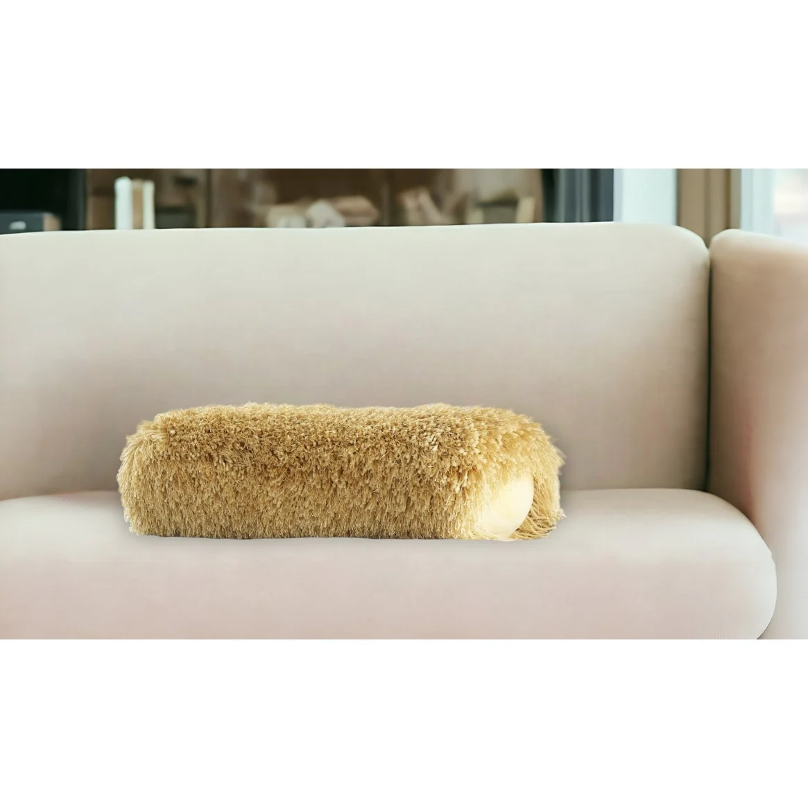 HomeRoots 5" X 20" Yellow Bolster Shag Throw Pillow