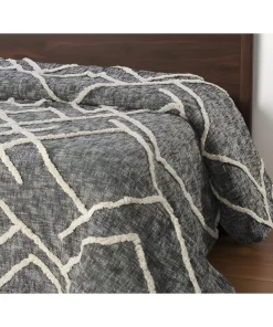 Charcoal and Off White Geometric Twin Cotton Coverlet With Fringe