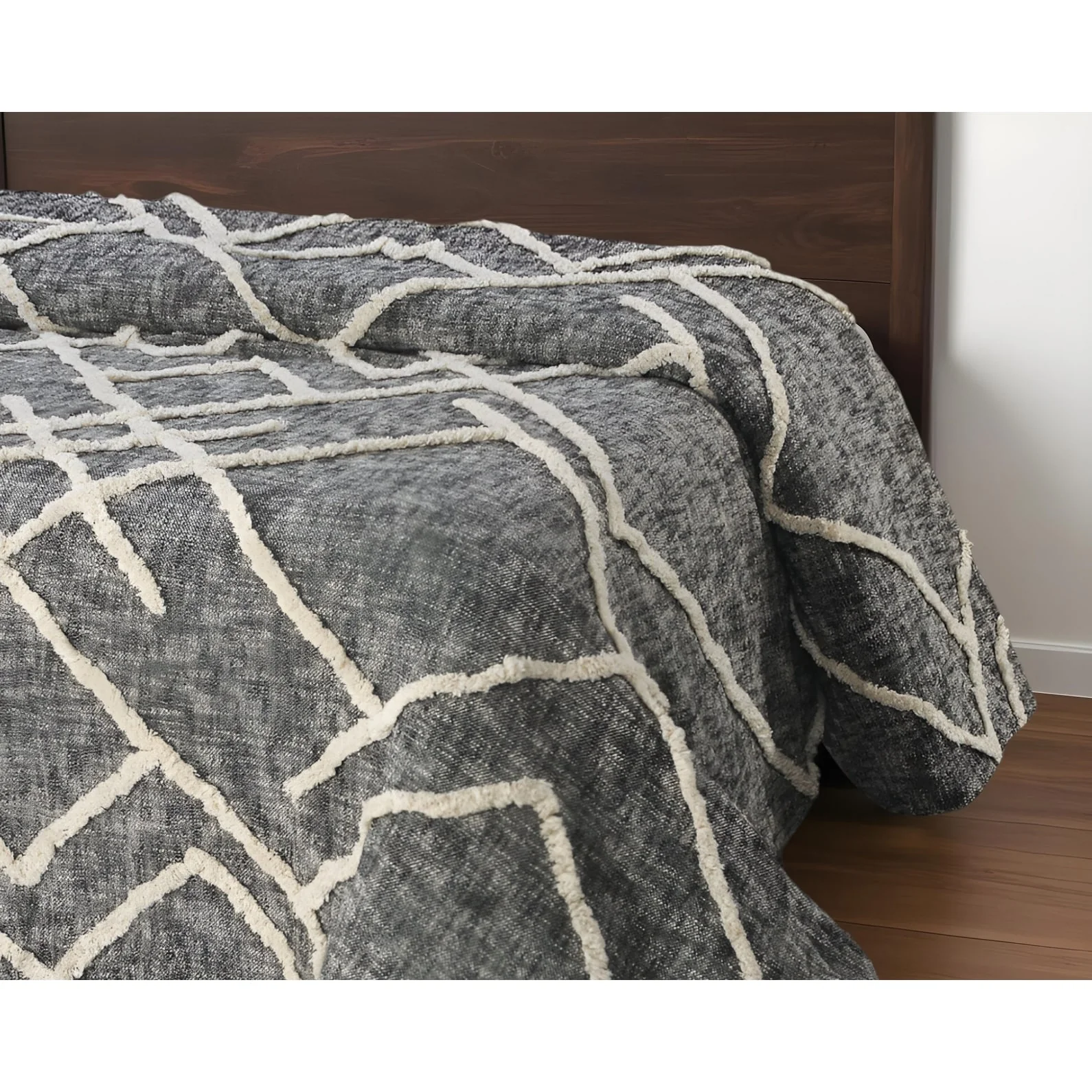Charcoal and Off White Geometric Twin Cotton Coverlet With Fringe