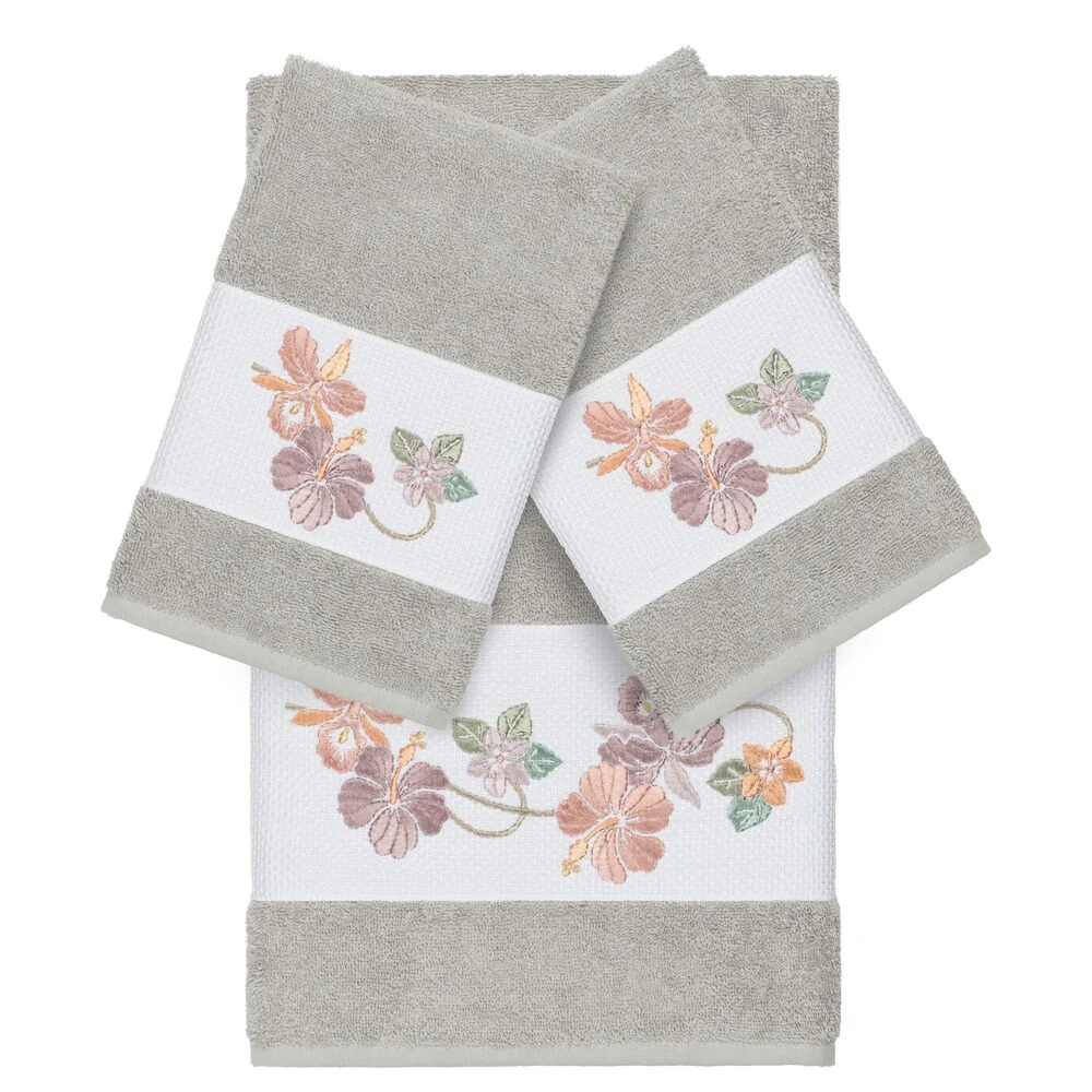 Authentic Hotel and Spa Turkish Cotton Floral Vine Embroidered Light Grey 3-piece Towel Set