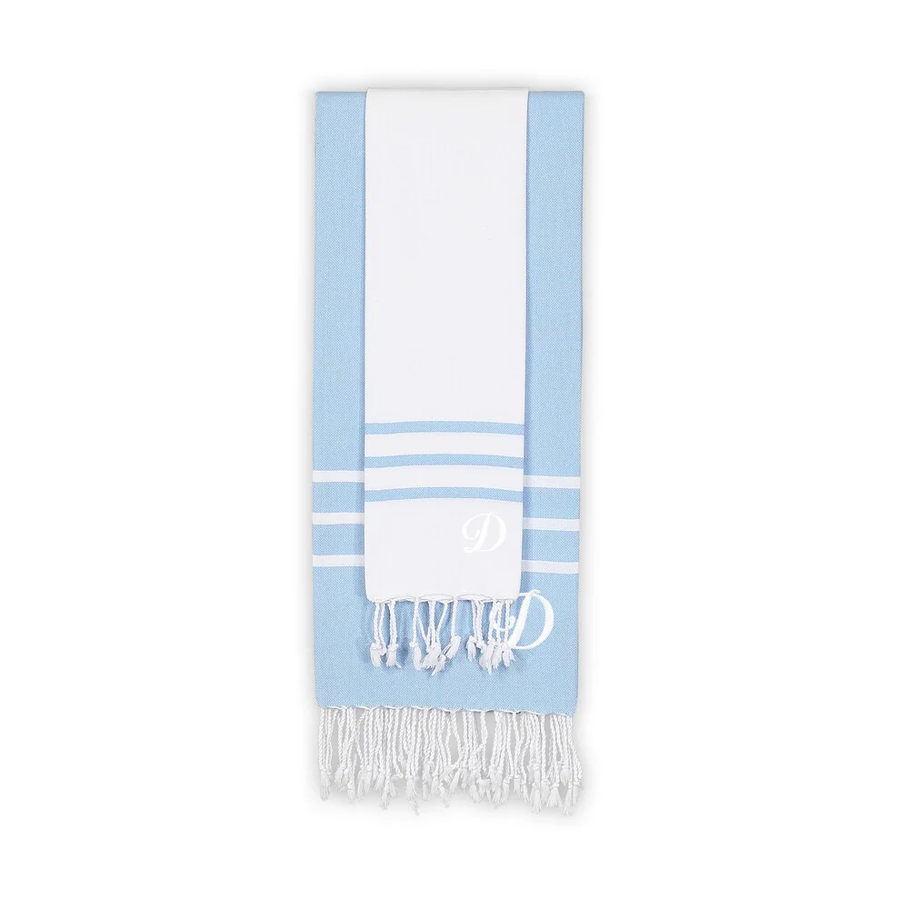 Authentic Ella White and Sky Blue Monogrammed Pestemal Fouta Turkish Cotton Beach and Head Towel Set