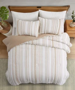 3 Pieces All-Season Striped Ball Pom Design Comforter Set Boho Bedding