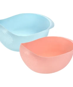 Kitchen Rice Washing Strainer Fruit Vegetable Container Drain Basket - Blue+Pink