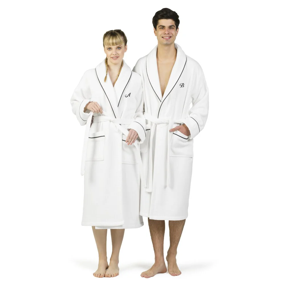 Authentic Hotel and Spa White Unisex Turkish Cotton Waffle Weave Terry Bath Robe with Black Script Monogram