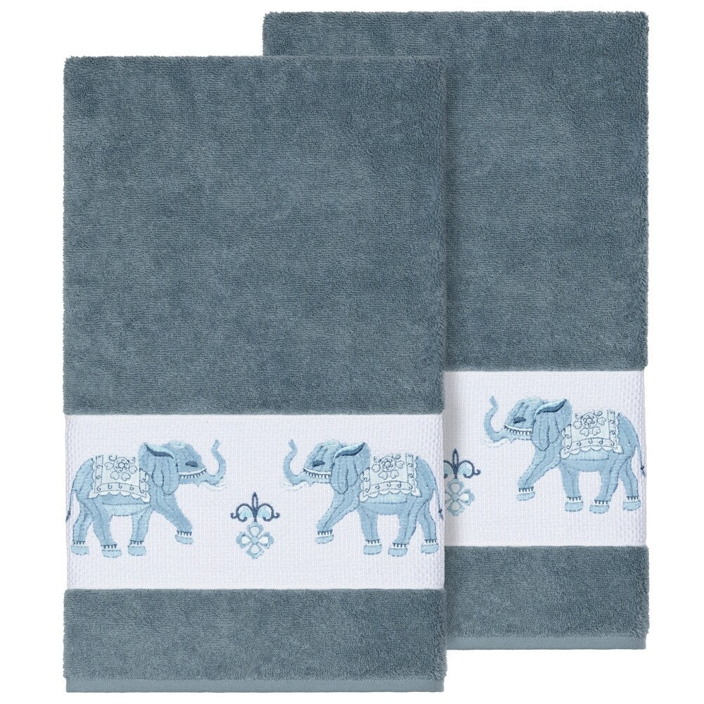 Authentic Hotel and Spa Turkish Cotton Elephants Embroidered Teal Blue 2-piece Bath Towel Set