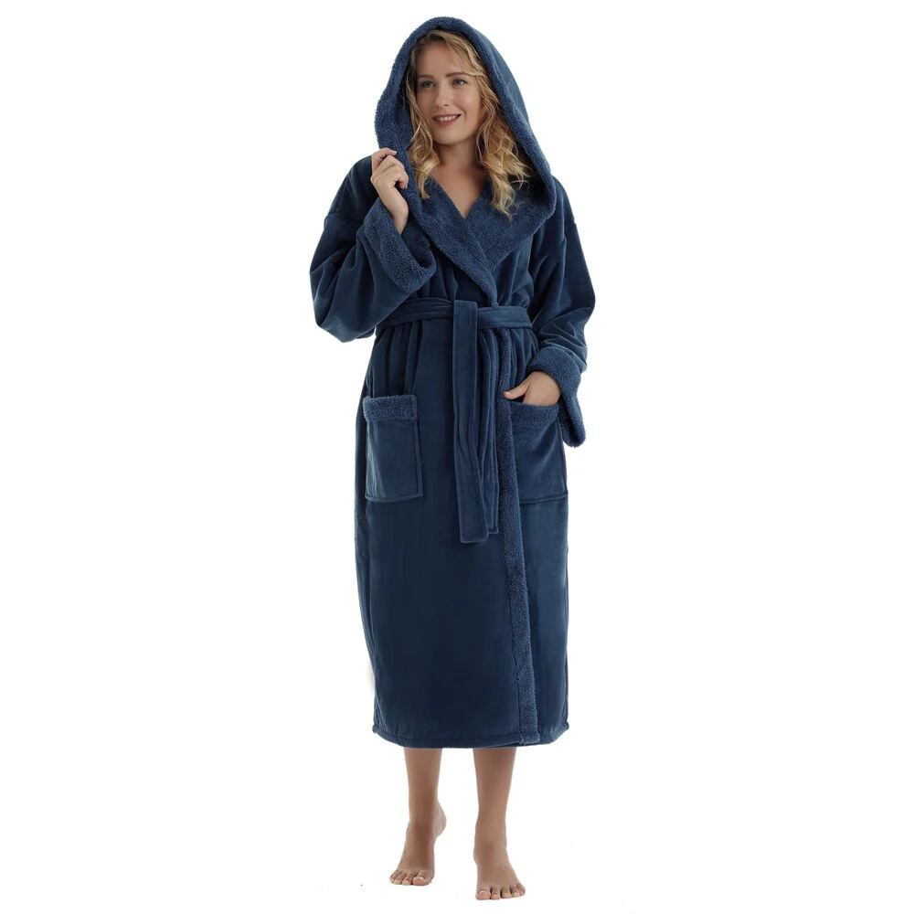 Arus Women's Hooded Sherpa Trim Fleece Bathrobe