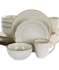 Embossed Scalloped Stoneware Dinnerware Dish Set, 16 Piece, Ivory
