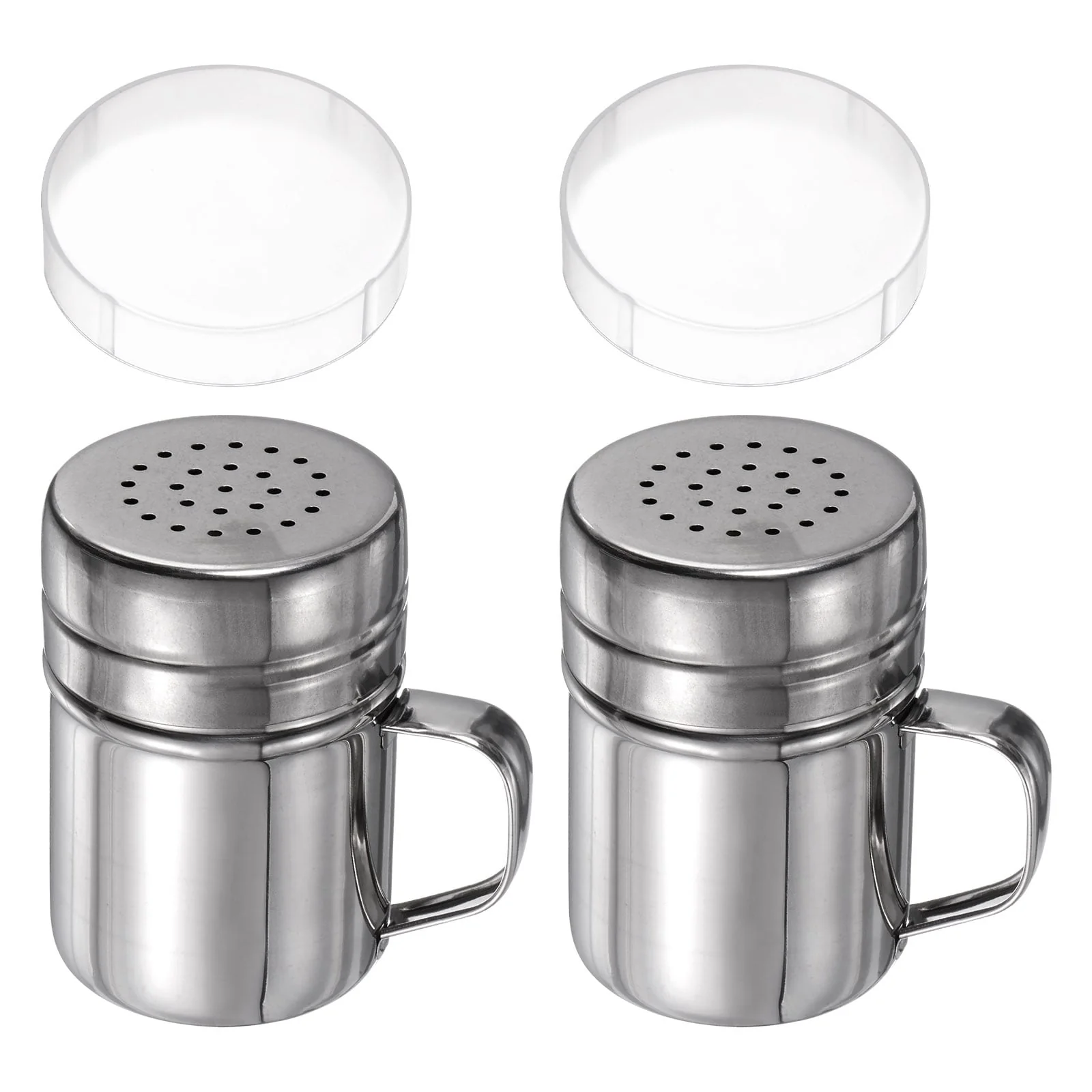 2x Salt Dredge Shakers Stainless Steel Spice Shakers W Handle and Lid - Silver
