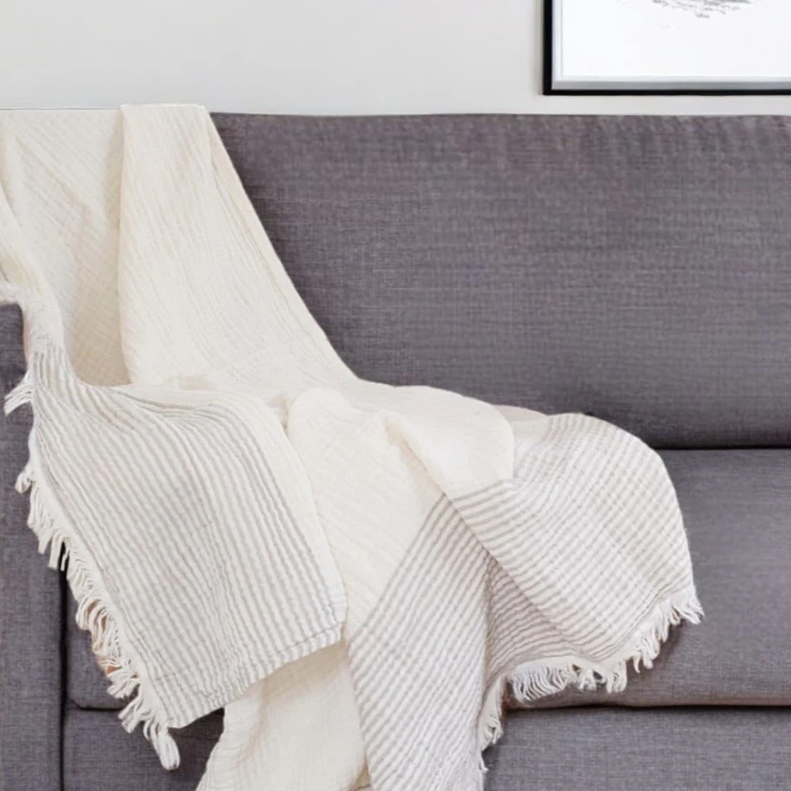 HomeRoots 47" X 60" Beige and Ivory Cotton Woven Striped Throw Blanket with Fringe