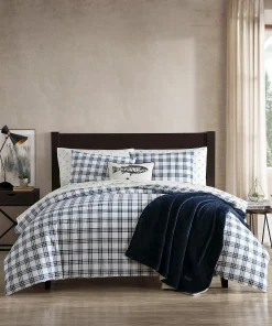 Eddie Bauer Basic Plaid Navy Cotton Percale Duvet Cover Set