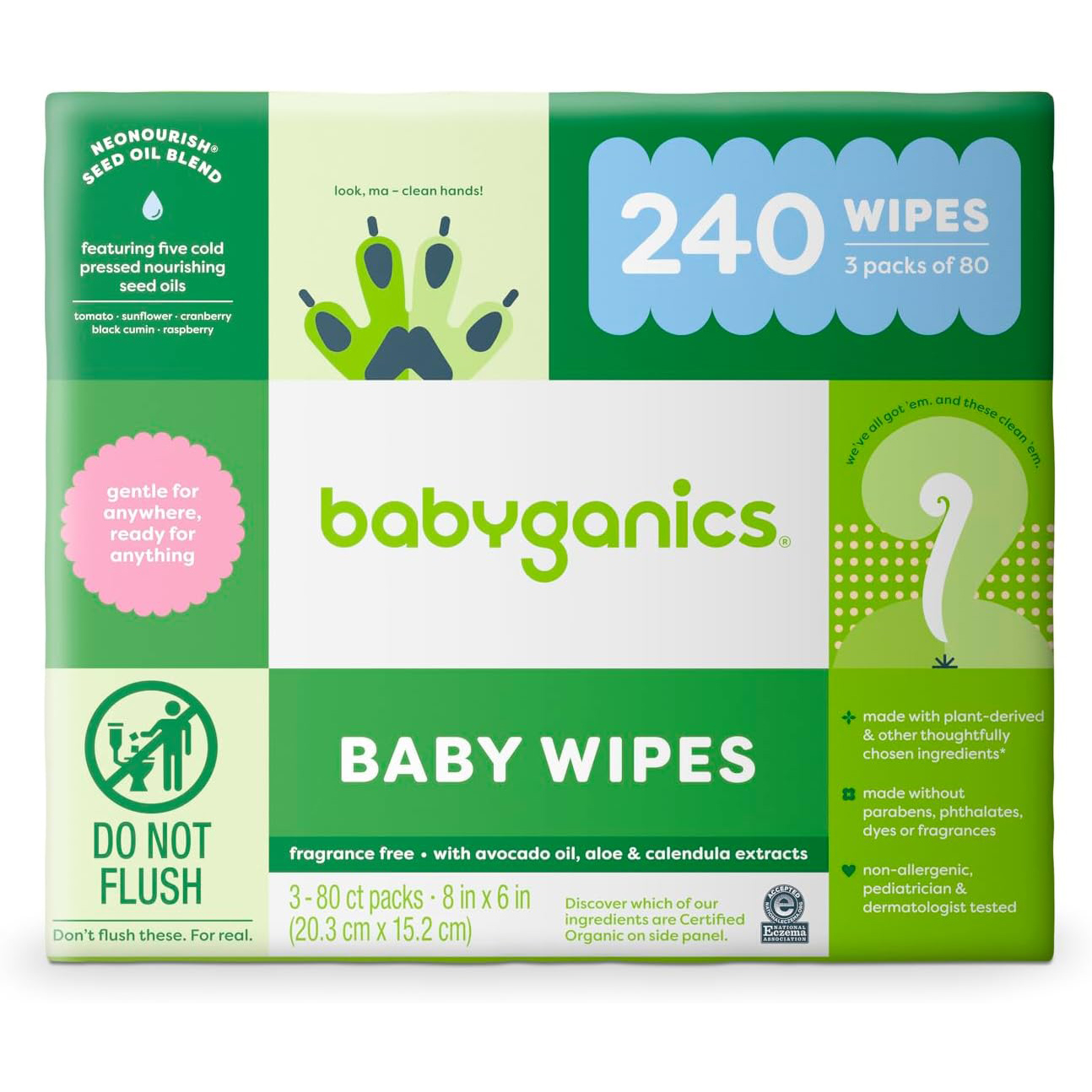 Babyganics Baby Wipes, Unscented Diaper Wipes , 400 Count, (5 Packs of 80), Non-Allergenic and formulated with Plant Derived Ingredients