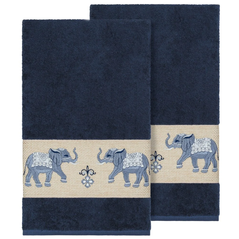 Authentic Hotel and Spa Turkish Cotton Elephants Embroidered Midnight Blue 2-piece Bath Towel Set