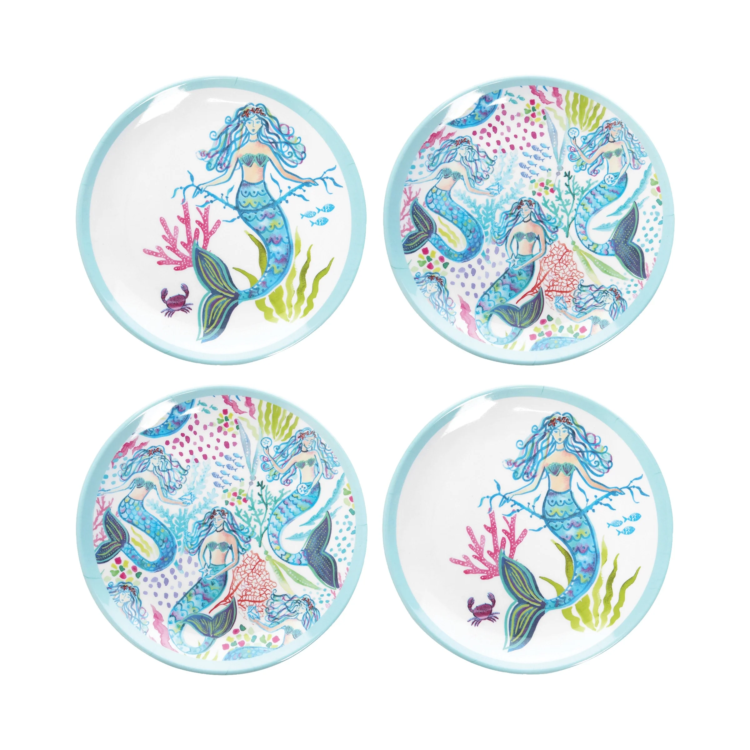 7" Mermaid Garden Blue Decorative Dining Plates Set of 4 for Coastal Kitchen