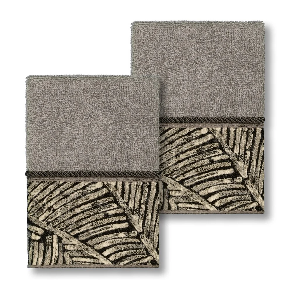 Authentic Hotel and Spa Turkish Cotton Fern Jacquard Trim Dark Grey 2-piece Washcloth Set
