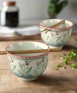 Euro Ceramica Ella Ramen Bowls Set with Chopsticks - Red - Service for Two