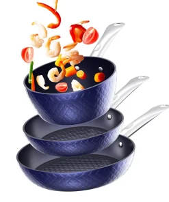 Coutlet Frying Pan Sets Non Stick 3Pieces, Blue 3D Diamond Cookware, 20/24cm Frying Pan, 18cm Saucepan - Pots and Pans Set