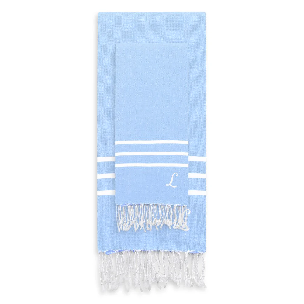 Authentic Ella Sky Blue Monogrammed Pestemal Fouta Turkish Cotton Beach and Head Towel Set (Set of 2)