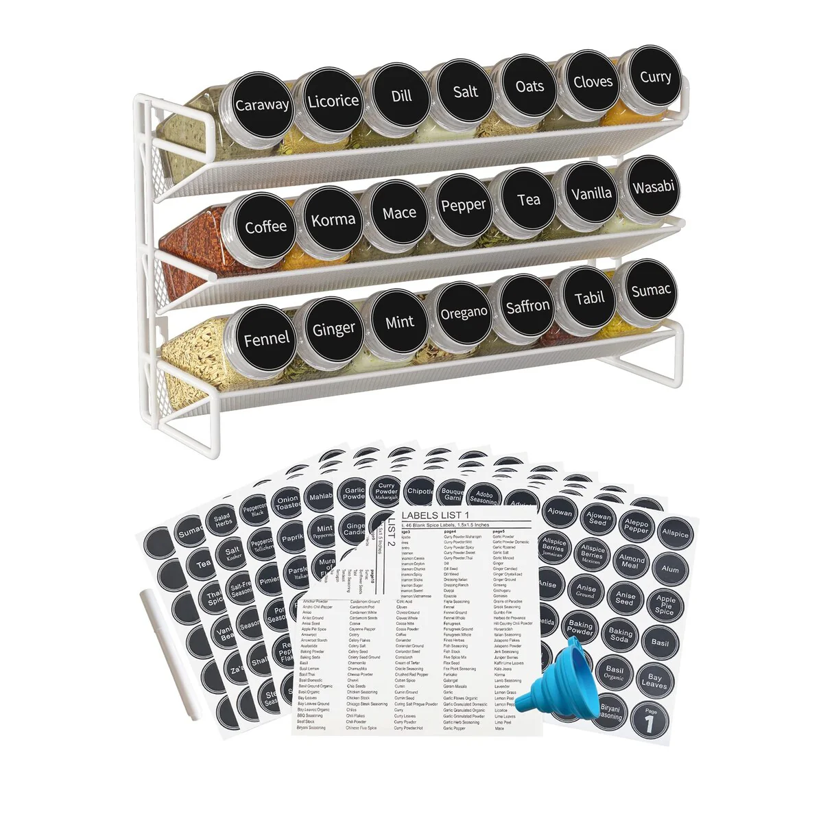 3 Tier Spice Rack Organizer with 21 Empty Spice Jars, 386 Spice Labels, pen and Funnel Set for Countertop Cabinet Pantry