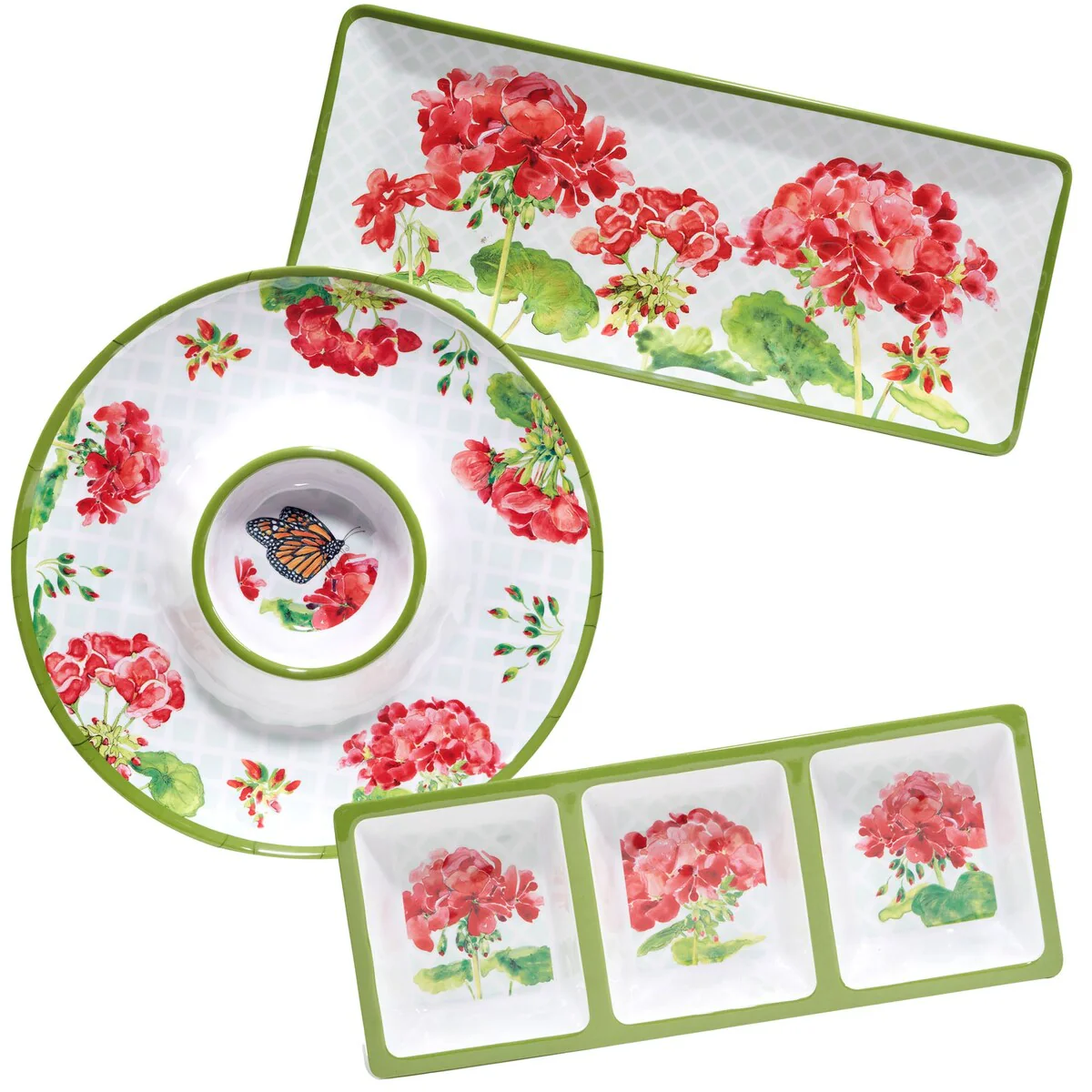 Certified International Geraniums Melamine 3 Piece Hostess Servware Set