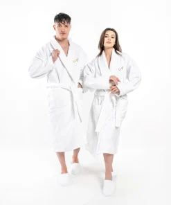 Authentic Hotel and Spa 100% Turkish Cotton Personalized Unisex Anovia Velour Bathrobe - Gold Script Font