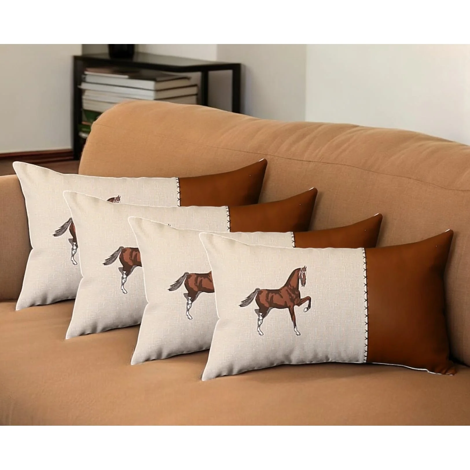 HomeRoots Set Of Four 20" X 12" Beige And Brown Horse Faux Leather Zippered Pillow With Embroidery