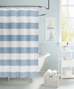 Lavelle Blue/White Stripe Fabric Shower Curtain