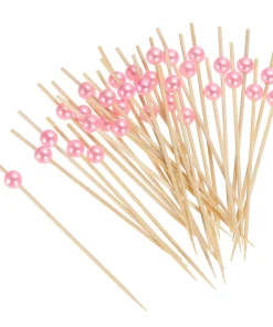 Bamboo Cocktail Toothpicks Pink Pearl Bead Drink Picks Skewer 100Pcs - 4.72"