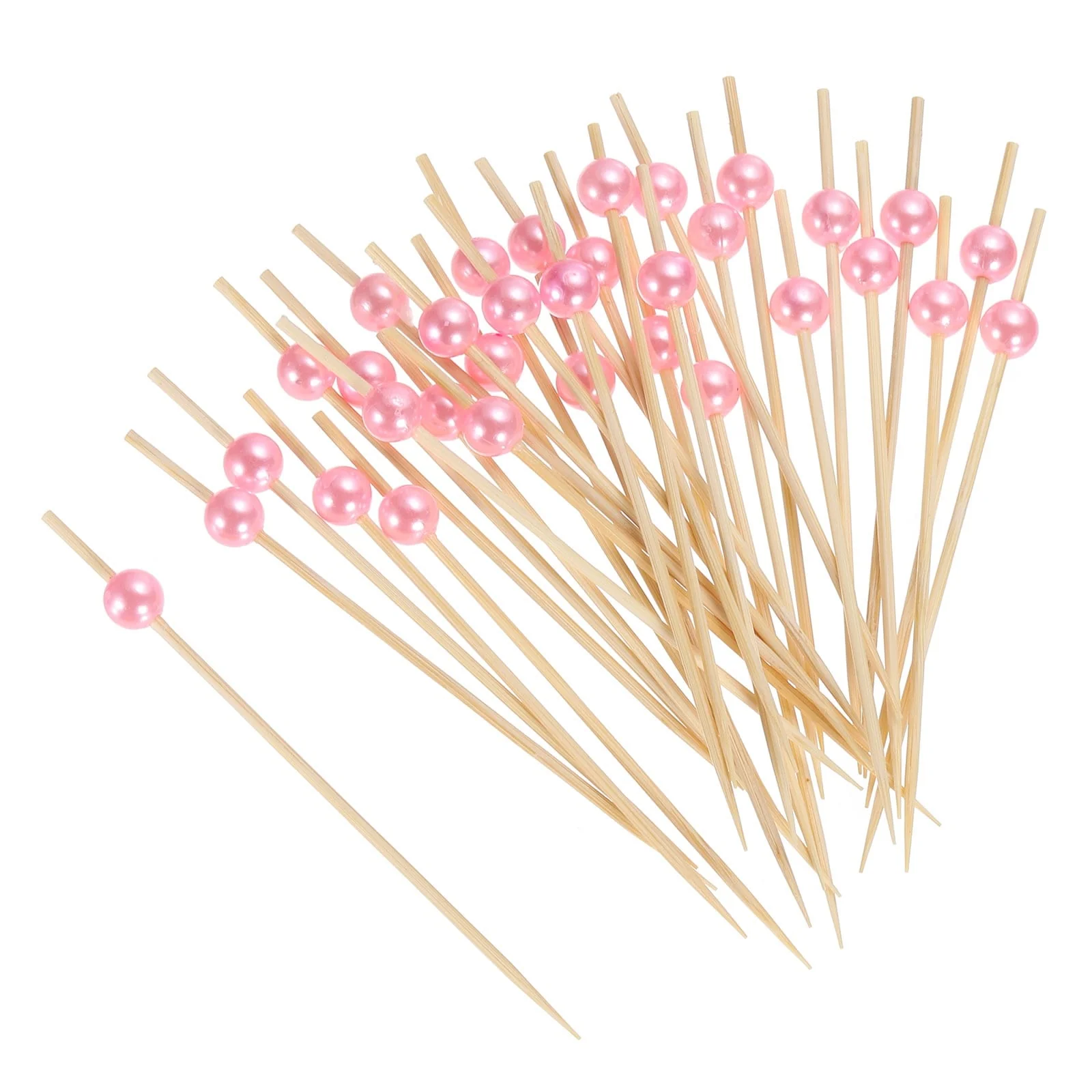 Bamboo Cocktail Toothpicks Pink Pearl Bead Drink Picks Skewer 100Pcs - 4.72"