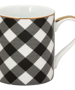10 Strawberry Street White, Black and Gold Porcelain Plaid Mug (Pack of 6)