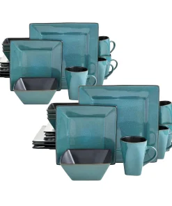 Gibson Elite Kiesling 16 Pc Plates, Bowls, & Mugs Dinner Set, Turquoise (2 Pack)