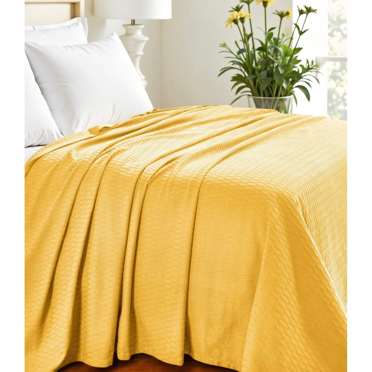 HomeRoots Queen Yellow Cotton Woven Geometric Blanket
