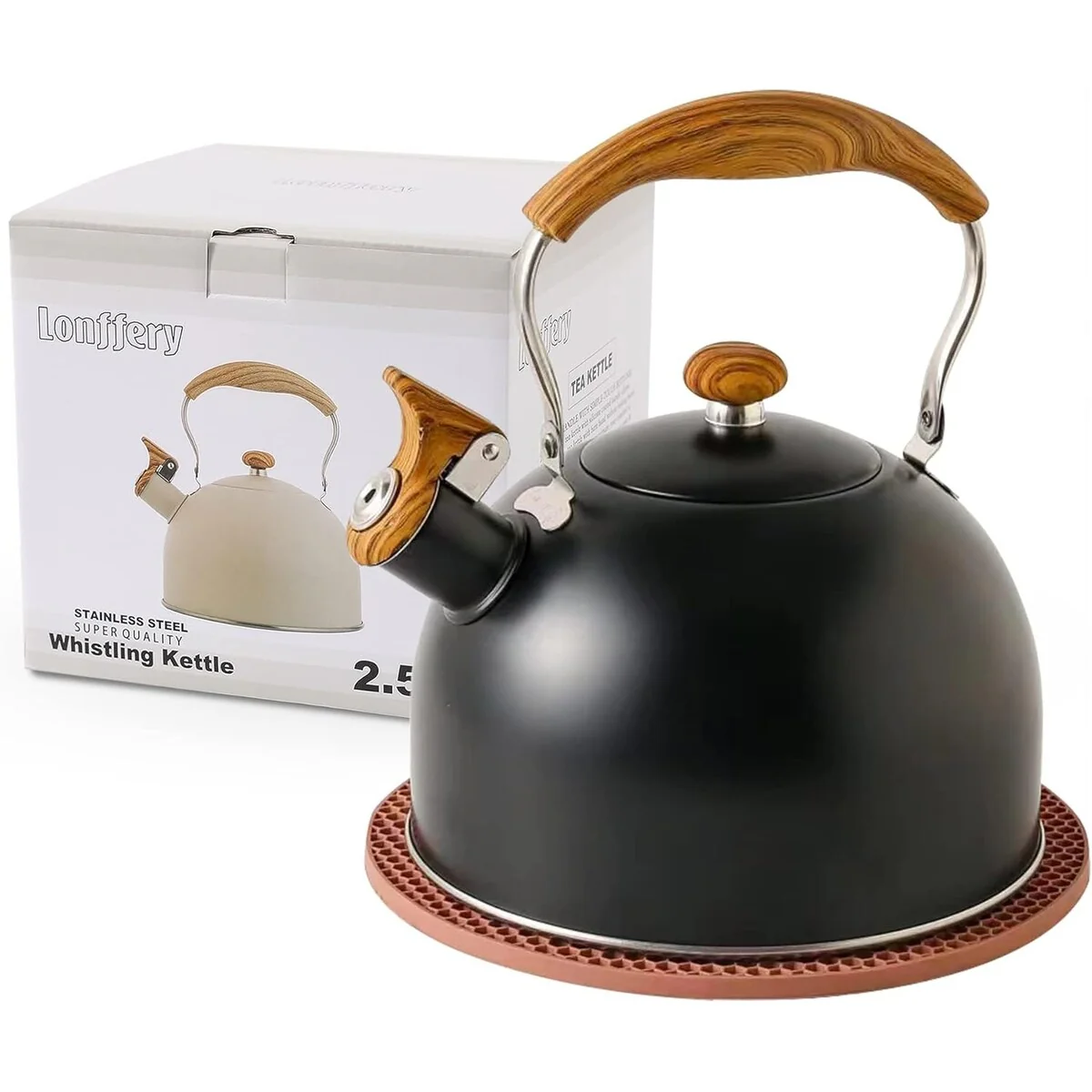 2.5 Quart Whistling Tea Kettle, Tea Pots for Stove Top Food Grade Stainless Steel with Wood Pattern Folding Handle - 2.5 Quarts