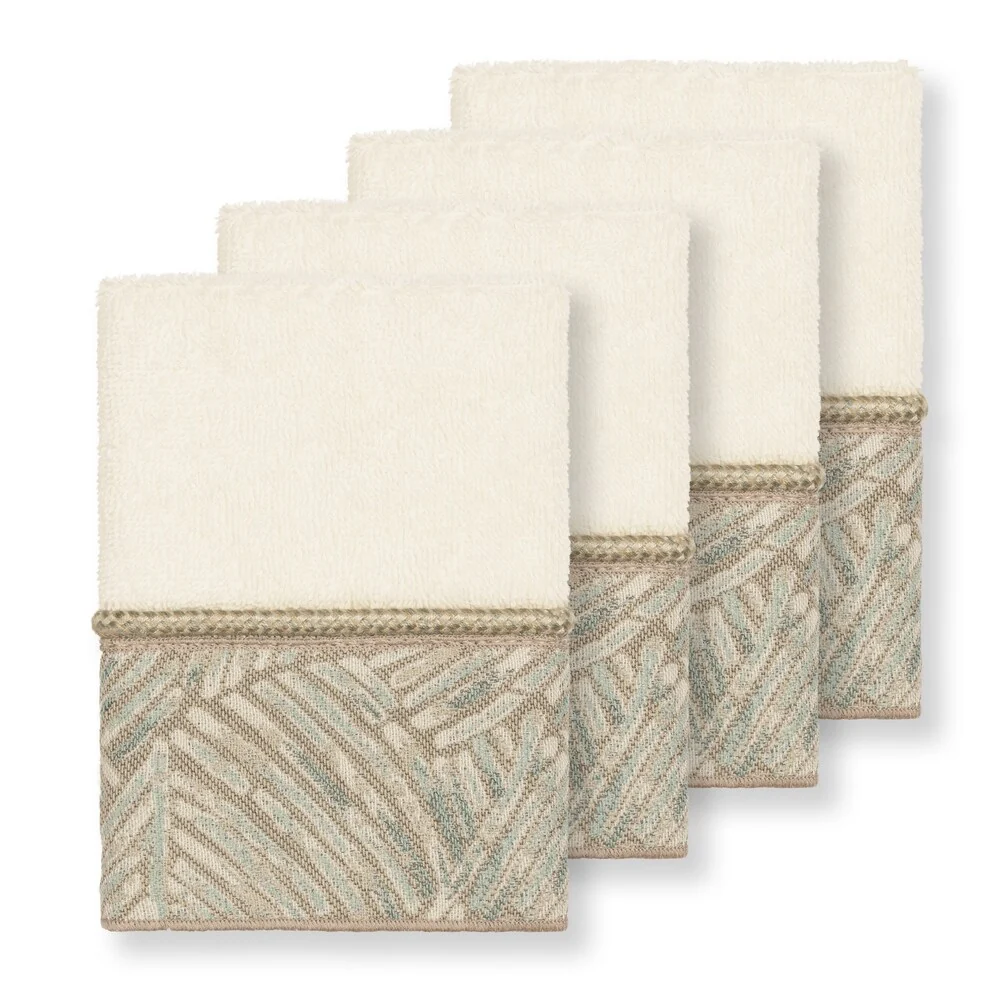 Authentic Hotel and Spa Turkish Cotton Fern Jacquard Trim Cream 4-piece Washcloth Set