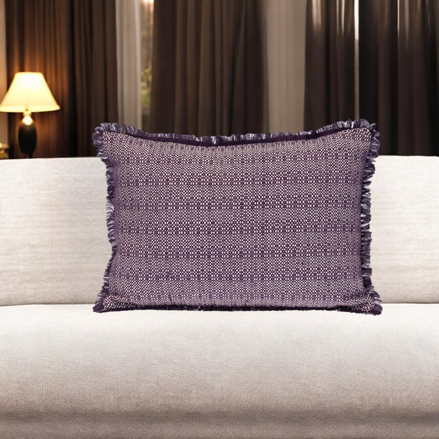HomeRoots 14" X 20" Purple and White Striped Cotton Throw Pillow With Fringe